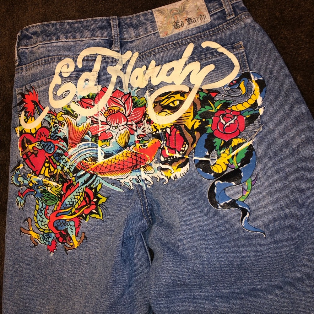 Ed Hardy Blue Denim Jeans with Colorful Tiger & Snake Graphic - Picture 2 of 6
